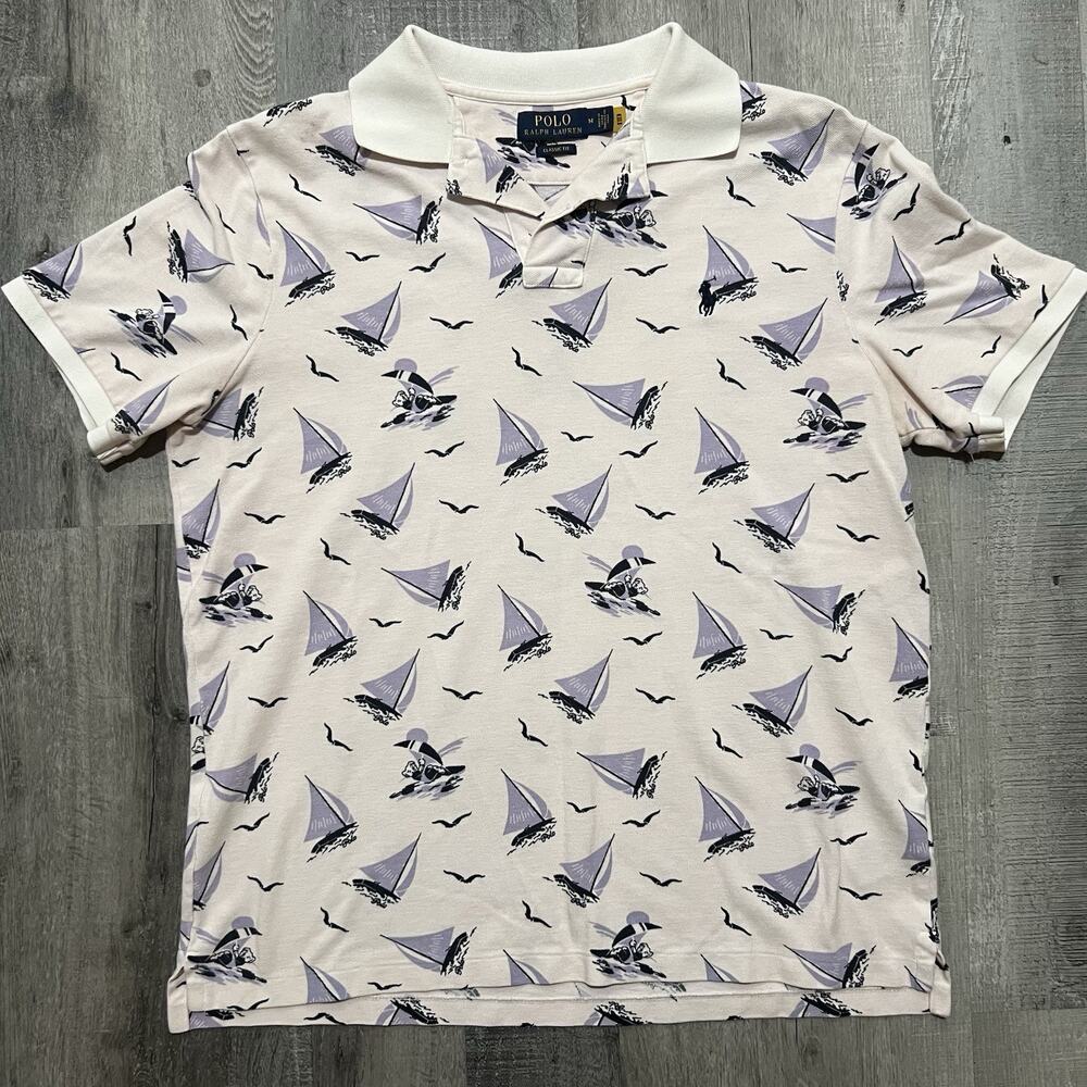 Polo Ralph Lauren Mens Sailboat Print Polo Shirt White Blue Classic Fit Nautical